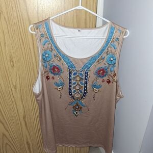 Embroidered Tan Sleeveless Women's Top with Turquoise Accents